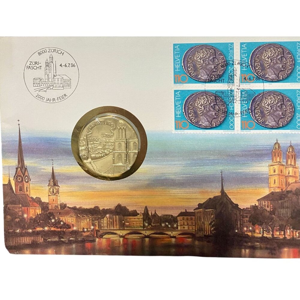 Zurich 2000 Year Celebration Commemorative Coin & Stamp Set In Display